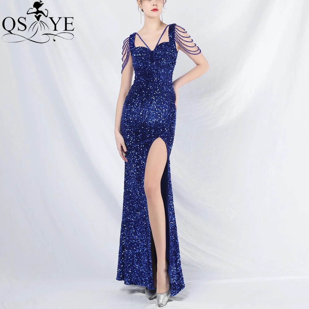 

Royal Blue Sequined Velvet Prom Dresses Beaded Side Sleeves Sweetheart Party Gown Open Split Women Fashion Evening Dress Chic