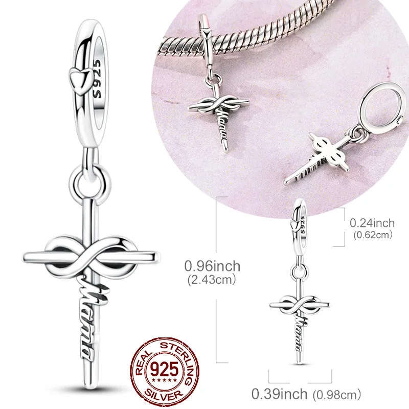 

Original 925 Real Sterling Silver Charms Bead Mama Cross Pendant Fit Original Bracelet Necklace For Women DIY Jewelry Gift