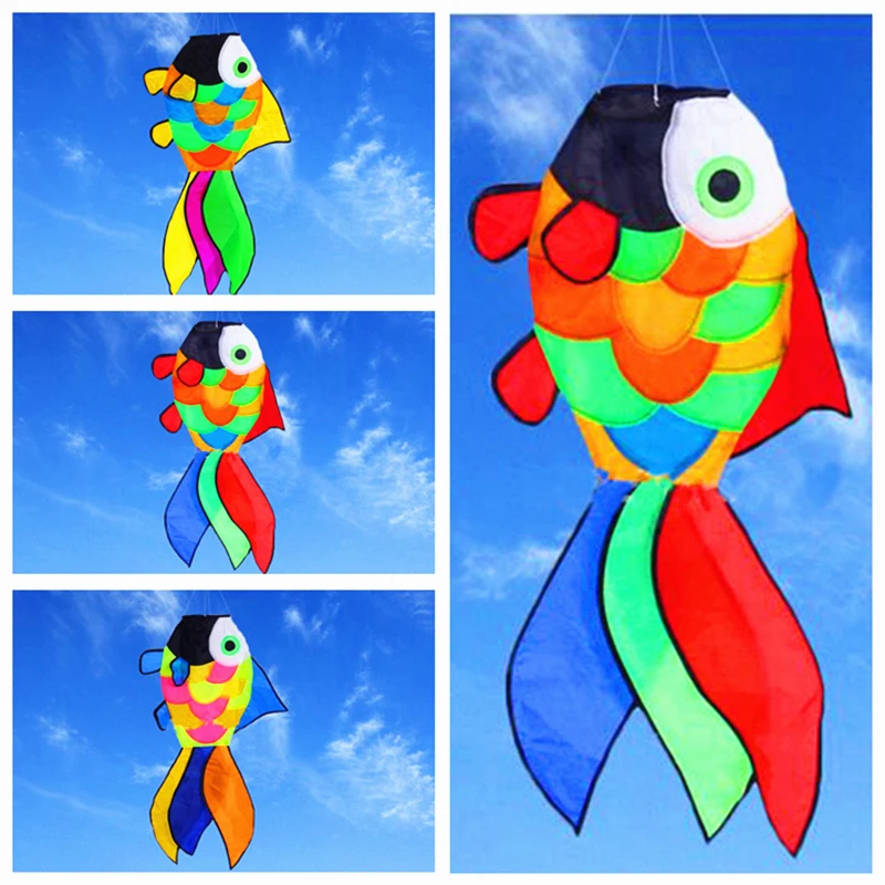 Frete grátis grande peixe windsock kite brinquedos divertidos ao ar livre voando náilon arco-íris pipas para adultos koi peixe pipa praia vento papagaio