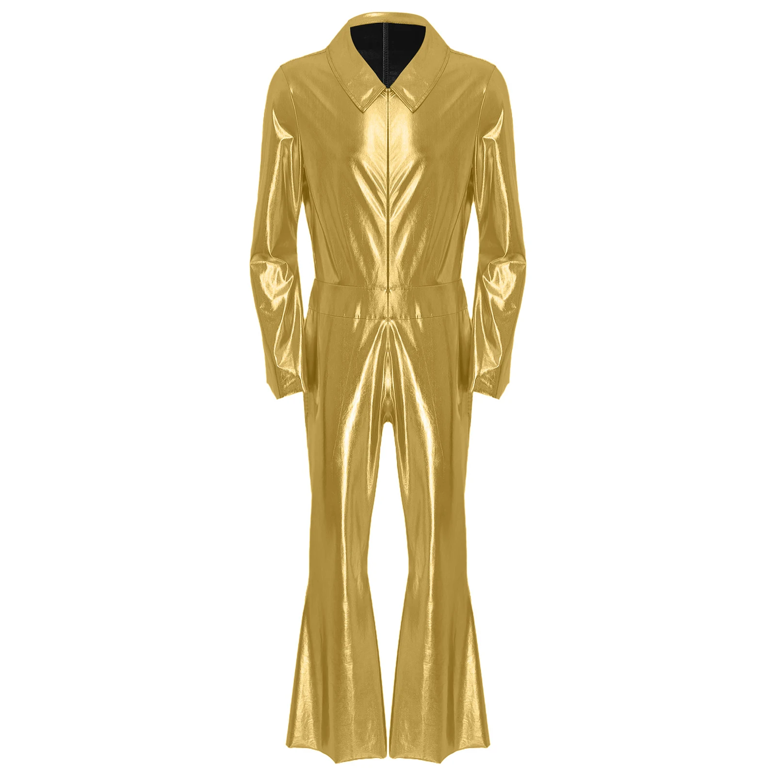 Mens Shiny Jumpsuit 70s Disco Metallic Punk Bodysuit Front Zipper Wide Leg Pants One Piece Rompers for Vintage Raves Halloween