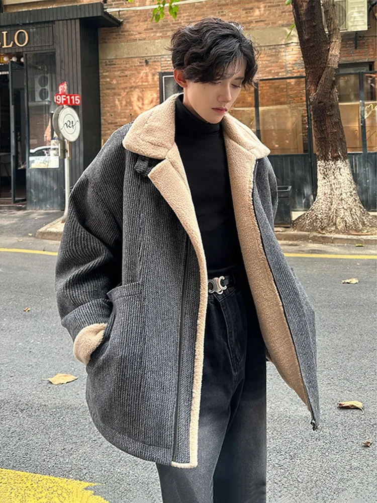 

Deep ey Lamb Velvet Men's Jaet Winter Thiened American Sle Collar ort Heavy Du Cold Resistant Cotton Clothing