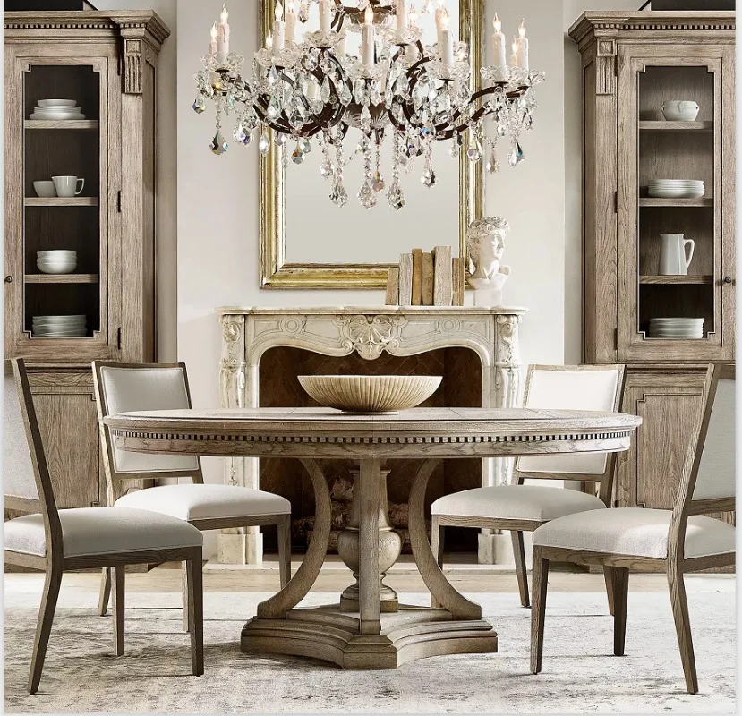 Furniture French rural retro all solid wood round dining table American high-end simple household oak dining table