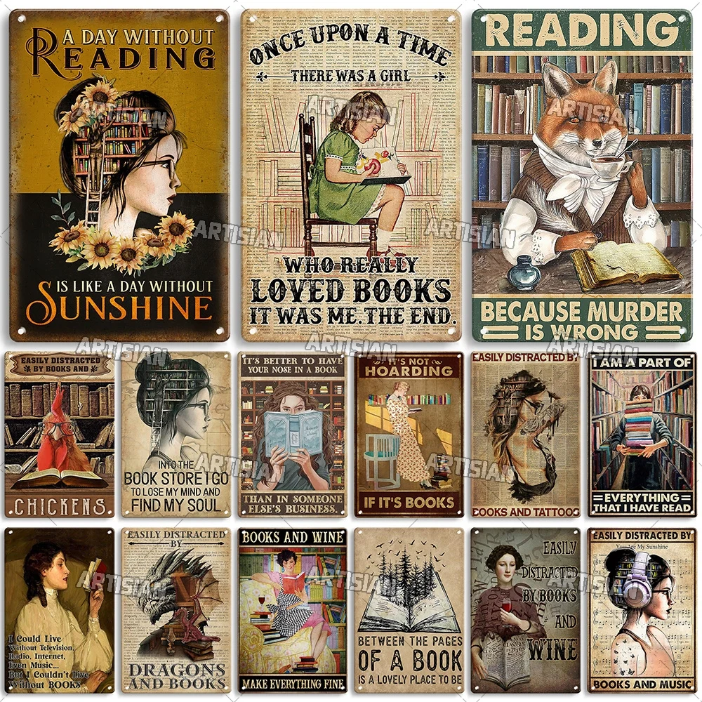 Artisian Girl Loves Books Metal Sign Reading Tin Poster Read Book Decorative Plate Wall Decor Garage Bar Pub Club Hotel Kitchen