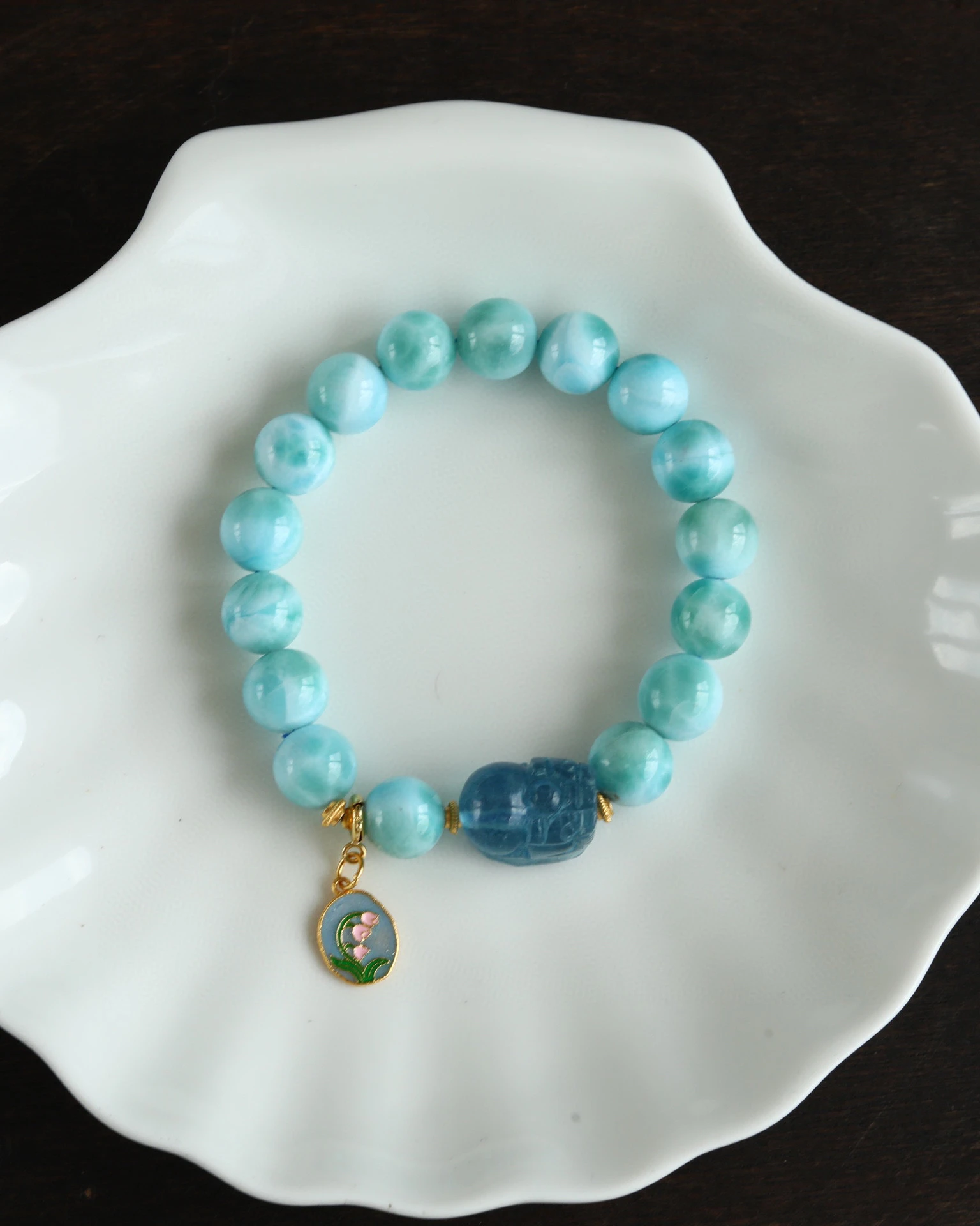 

Natural Larimar Bracelet with Aquamarine-carved Pi Xiu & Enamel Magnolia Pendant, Boho Chic Healing Crystal Jewelry