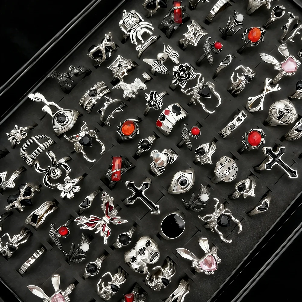 10/15/20/25/30Pieces Vintage Punk Gothic Skull Eye Rings Set For Women Men Mix Style Retro Spider Butterfly Jewelry Party Gifts