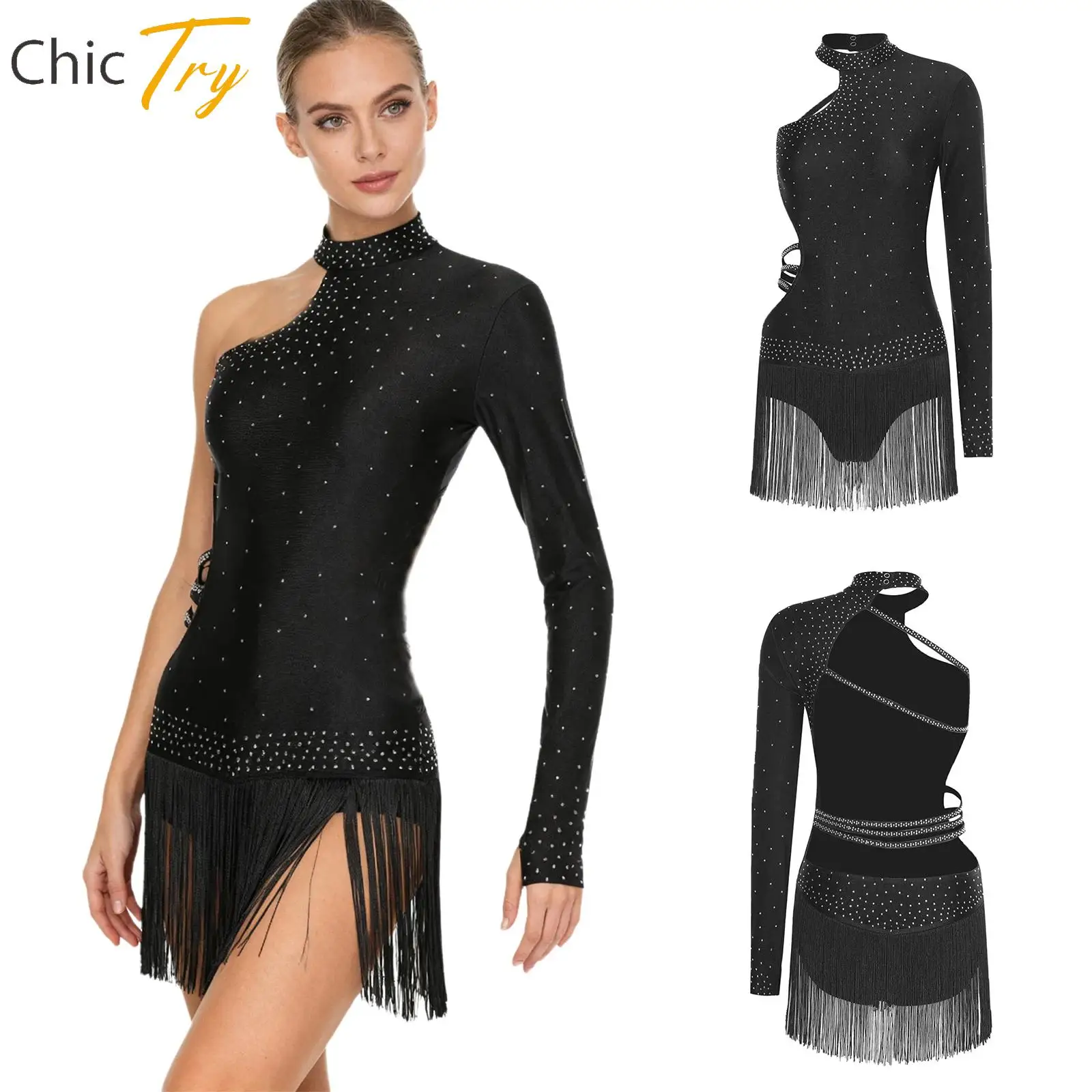 

Womens Single Long Sleeve Waist Openable Crotch Leotard Jumpsuit Latin Dance Glittery Bodysuit for Tango Cha-cha Samba Proms