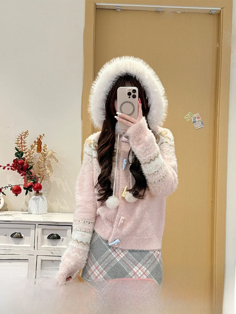 

Sweet Sle Hooded Knitted Sweater Coat Women's Pink Winter Fur Collar Open Cardigan Casual Campus Faion Nylon Acrylic Poly...