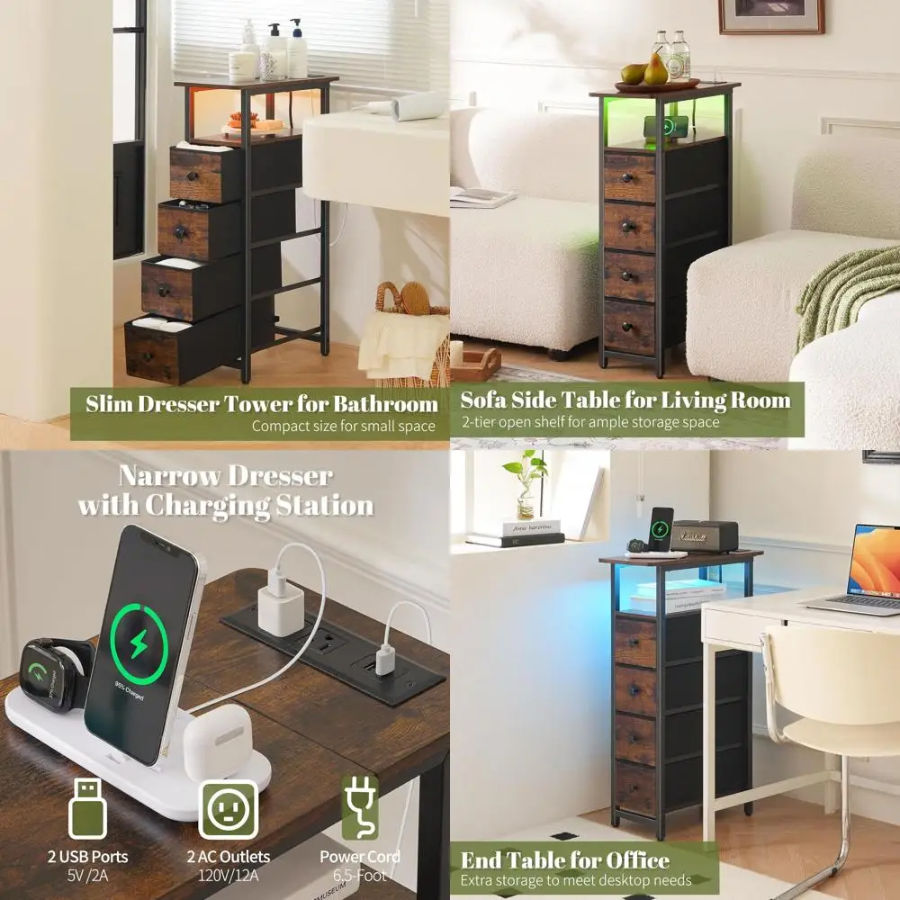 

Тонкая тумбочка с зарядной станцией — высокий узкий шкаф для хранения вещей для небольших помещений, приставной столик для спальни с ящиками