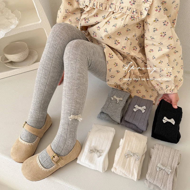 Kids Girls Lovely Solid Footed Leggings Pearl Embellished Silver Bow Design lovely Soft Stretchy Ideal for Daily Children Pants