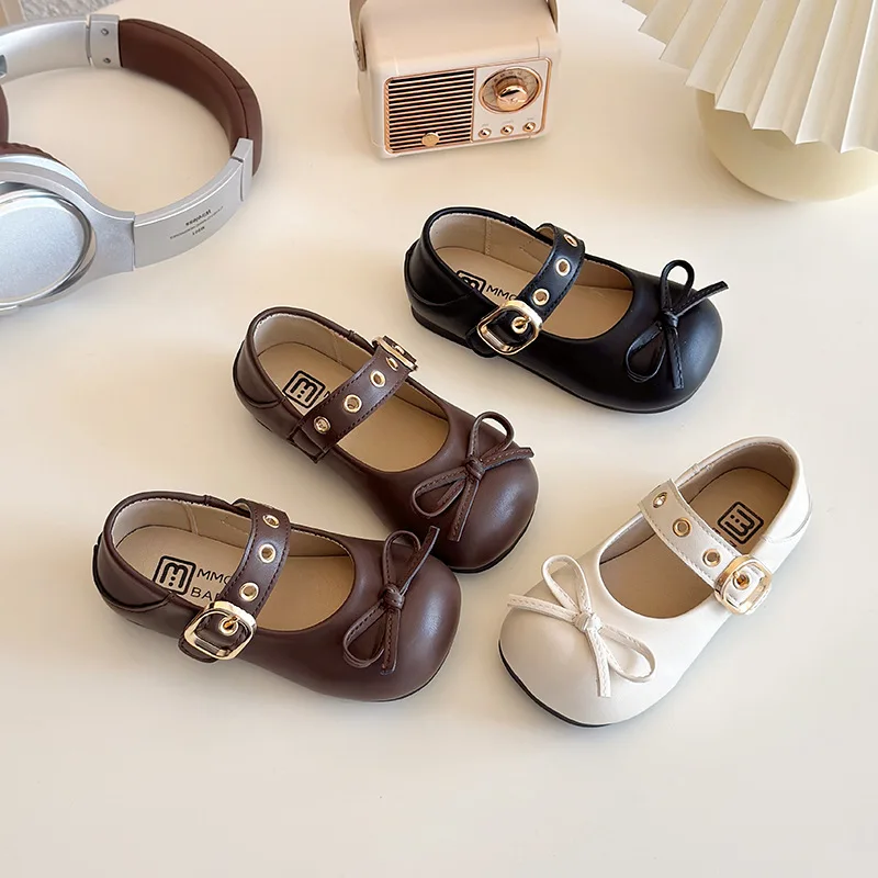 

Осенние детские туфли Мэри Джейн с бантом и застежкой на липучке из искусственной кожи, однотонные, нескользящие, модные, милые, для девочек
