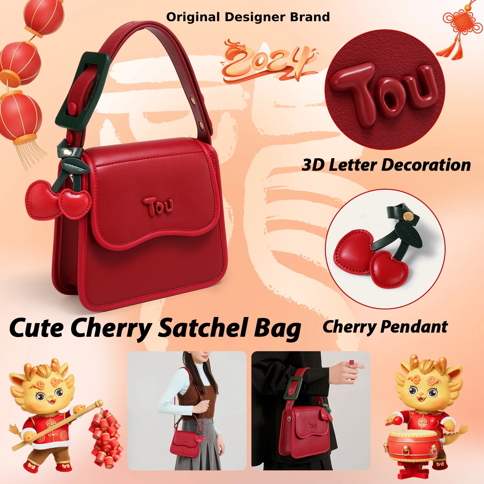 

TOUTOU Cherry Small Square Bag Red Small Shoulder Bag Adjustable Strap Leather Crossbody Fashion Female Handbag Makeup Replica