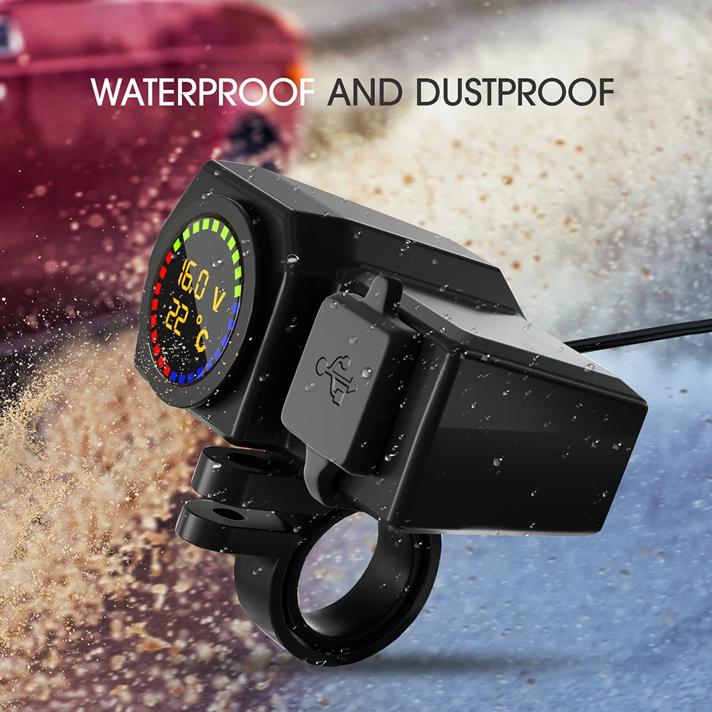 Motorcycle Charger with Color Screen Temperature Dual USB Type-C Bracket Waterproof Car Chargers Handlebar Installation