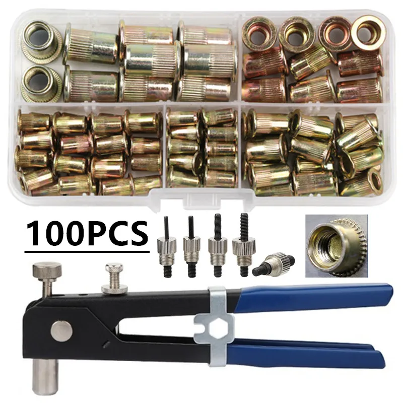 100PCS Rivet ถั่วปืนชุดกล่องเครื่องมือ M3/M4/M5/M6/M8 Nut Rivet Repairtool Rivetgun Flatheadscrew pop Nut Rivet Gun