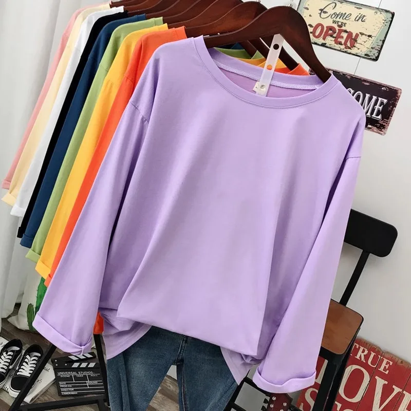 DAYIFUN Plus Size L-5XL T-Shirts Solid O Neck Tshirts Long Sleeve Women Top Tees Basic Spring Autumn Couple 100% Cotton T Shirts