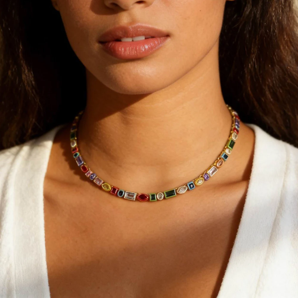 Luxury AAA+ 4mm CZ 1 Row Shiny Rainbow Tennis Chain Necklace Iced Out Bling Cubic Zircon Choker Jewelry
