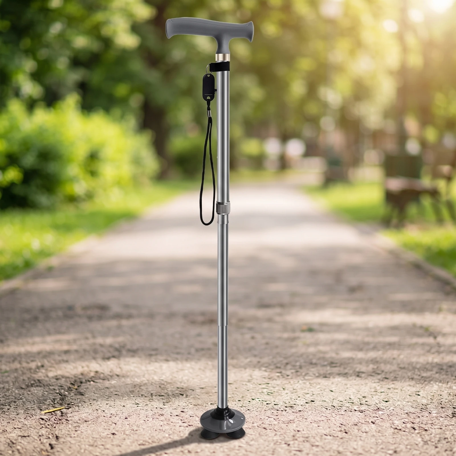 Walking Cane with Four-Foot Base Portable Walking Cane with Wrist Strap Mobility Aid Self-Standing Anti-Slip for Seniors