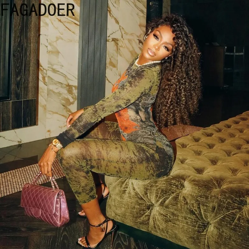 FAGADOER Sexy Aesthetics Print Bodycon Jumpsuit Women Mesh See Through Long Sleeves Rompers Female Streetwear Overalls 2025 New