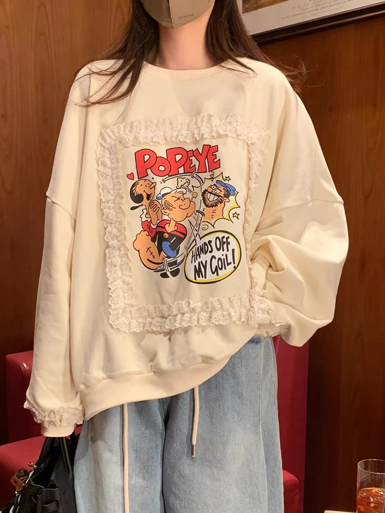 

New Korea Chic Women Sweatshirts Spring Temperament Round Collar Cartoon Print Stitching Lace Loose Long Sleeve Hoodie Woman
