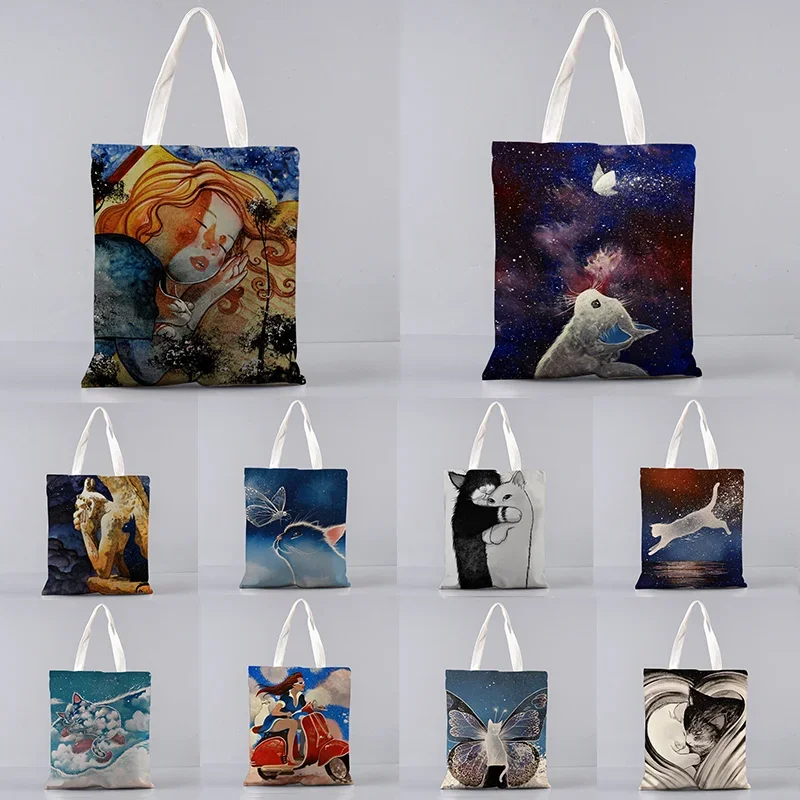 

The Cat and the Starry Sky Shopper Bags for Women Large Capacity Shopping Bag Japanese Anime Printing Resuable Tote Bag Harajuku