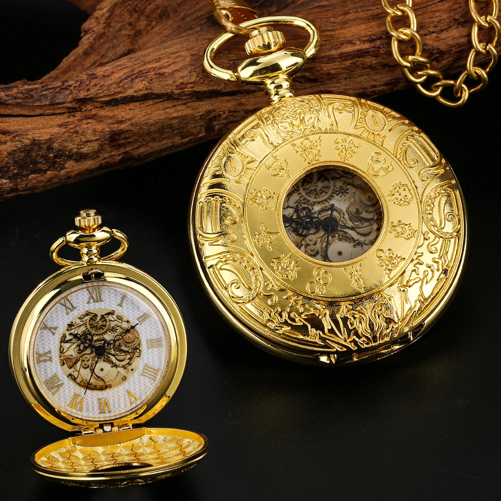 Carved Star Signs Vintage Charm Quartz Pocket Watch Men Women's Necklace Pendant Pocket Clock Roman Numerals Display Half Hunter