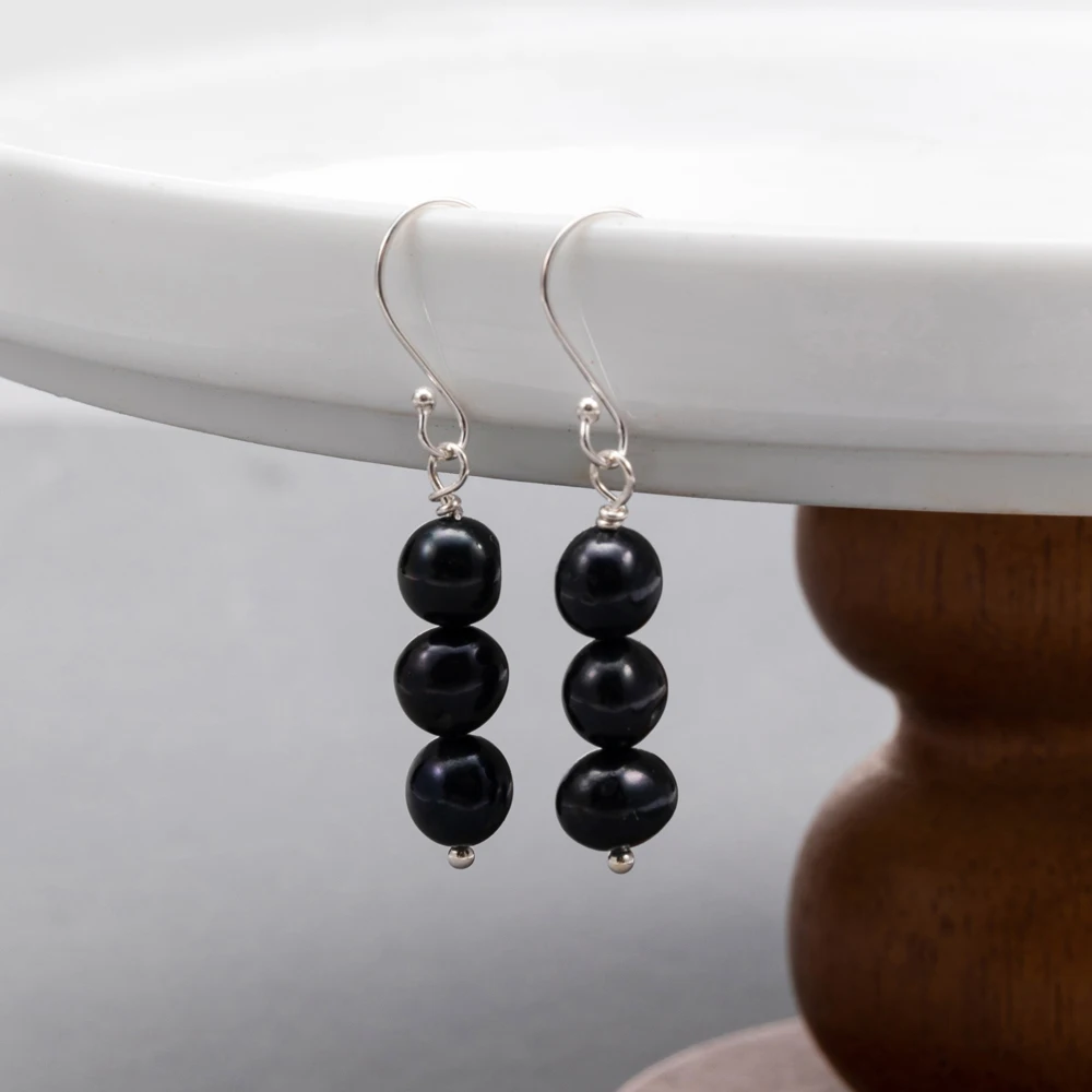 

5-6mm Baroque Authentic Freshwater Black Pearl Earrings 3 Bead Earrings 925 Sterling Silver Pearl Earrings Pendientes Mujer