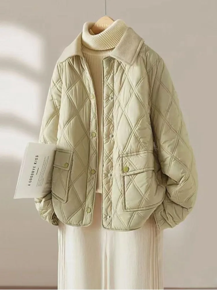 

Women's irt Sle Thiened Cotton Jaet Quilted Winter Outerwear Faionable Artistic Loose Fit Long Sve Button up