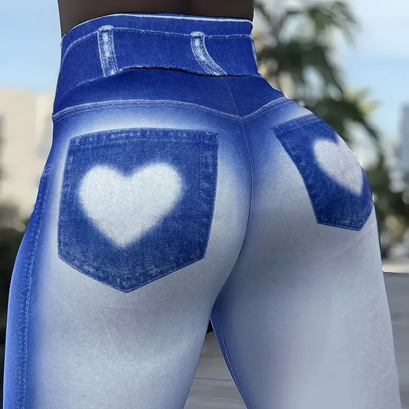

Женские леггинсы с искусственным карманом и принтом, эластичные джинсовые леггинсы с высокой талией, модные повседневные брюки-карандаш, тонкие леггинсы для йоги и фитнеса