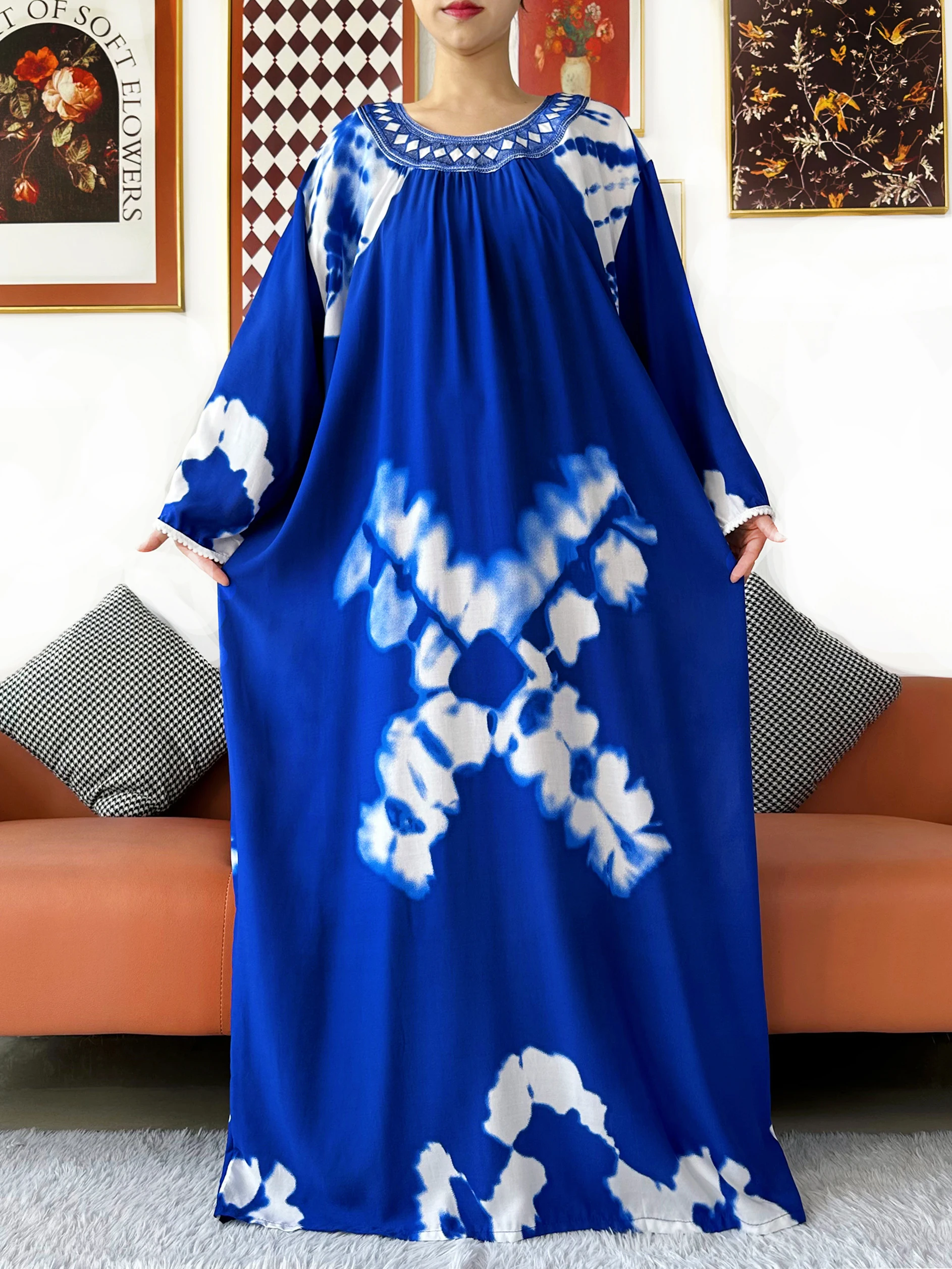 2026 Muslim Women Long Sleeve Embroidered O Neck Cotton Women Loose Abaya  Boho Maxi Dress Casual Fashion Dress African Vestidos