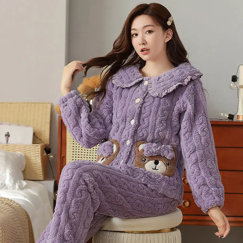 2023  Winter Thickened Coral Velvet Cardigan Pajamas Woman Lovely Can Wear Butterfly Bear Home Suit sportswear coral fleece