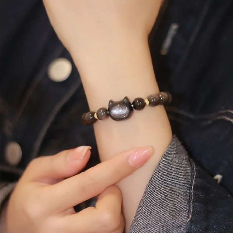 Night Elf Original Natural Cat Head Silver Stone Bracelet Bracelet Couple Male and Female Personality Sweet Cool Style