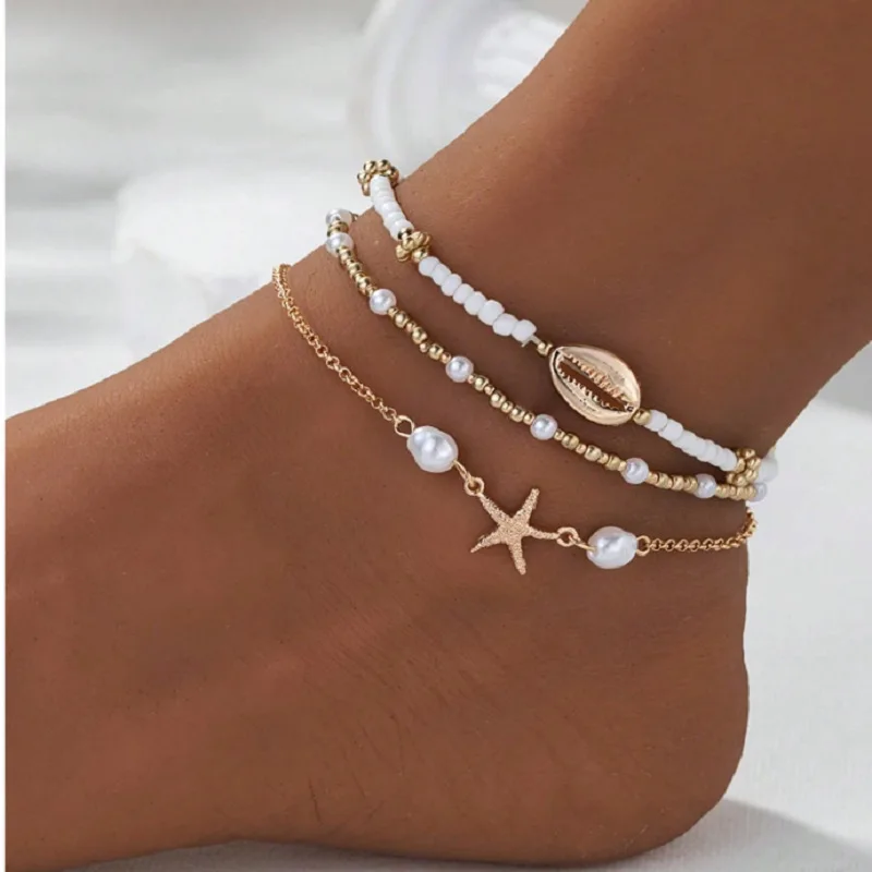 Summer beach breeze starfish shell anti pearl ankle chain three piece set, fashionable and versatile trendy foot accessories