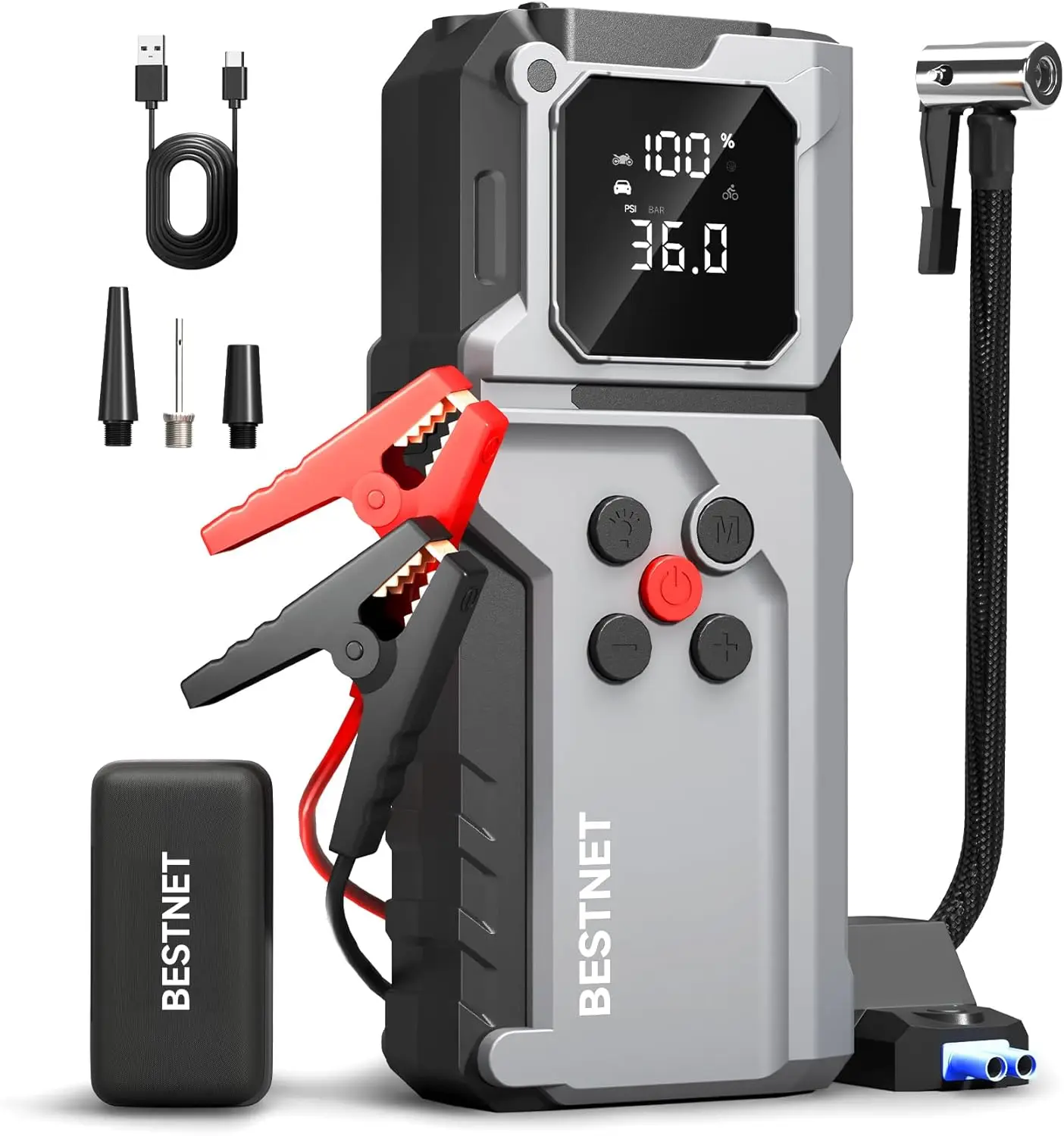 

Q27 Jump Starter with Air Compressor, 3000A 12V Portable Booster, 150PSI Tire Inflator, LED Light Jumper Cables for Gas & Diesel