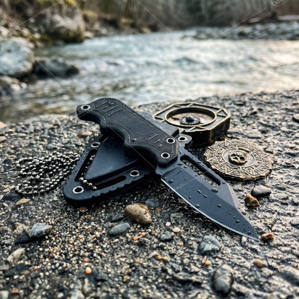 EDC Mini Outdoor Camping Straight Knife with Sheath Nylon Fiber Non-slip Handle Necklace Knife Fruit Knife Multi-functional Tool