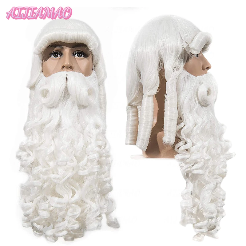 Peluca de Papá Noel y barba para hombres, pelo sintético largo y rizado blanco, ideal para Cosplay, regalo de Navidad