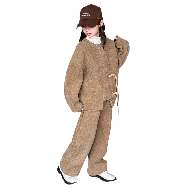 Chinese 2026 winter spring teenager kid loose Children girls set Clothes sweatshirt + wide leg pants velvet 4 9 10 14 new Year