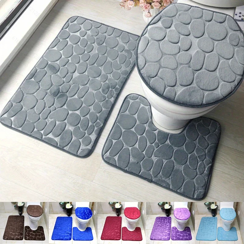 3PCS/set Memory Foam Embossed Velvet Carpet Bathroom Living Room Non-Slip Mat Cobblestone Floor Mat Home Furnishings