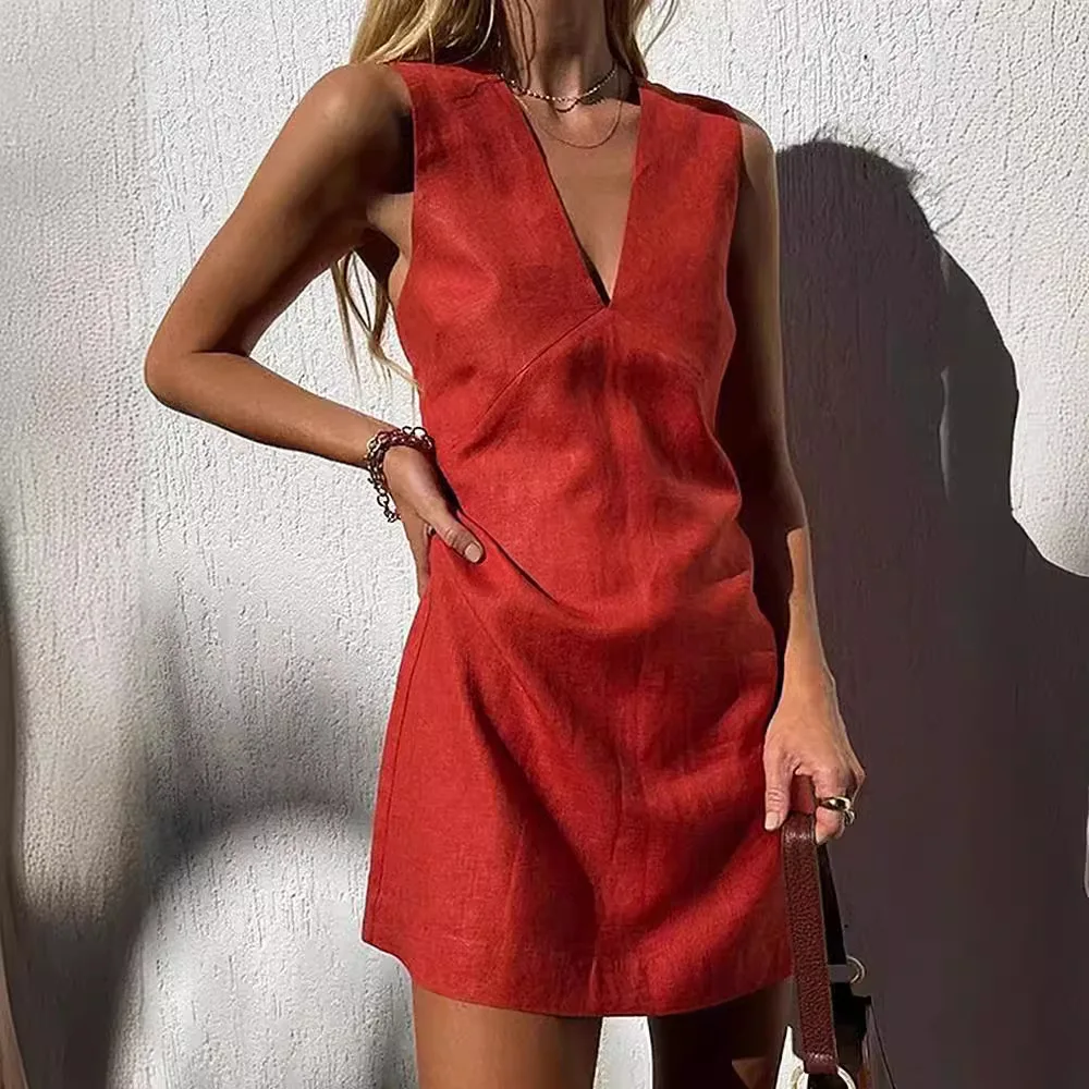 Beach Vacation Strap Dress Spring and Summer Women\'s Cotton Linen V-neck Loose Waist Solid Color Simple Retro Casual Vest Dress