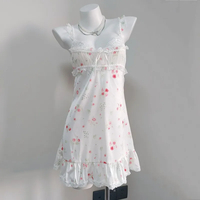 

Lolita Nightdress Printing Floral Sexy Lingerie Back Hollow Out Nightgowns Female Pure Lace with Chest Pad Suspender Sleep Dress