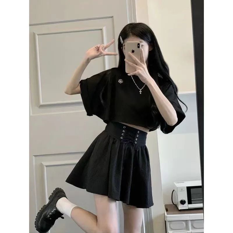 

Set of Women's Spring and Summer Splicing Waist Cinching Drawstring Half Skirt+black Top Elastic Skirt Pants Two-piece Set