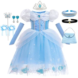 Shoulderoff Blue Cinderella Dress For Girl Glitter Pumpkin Carriage Print Princess Cosplay Costume Halloween Carnival Fancy Sets