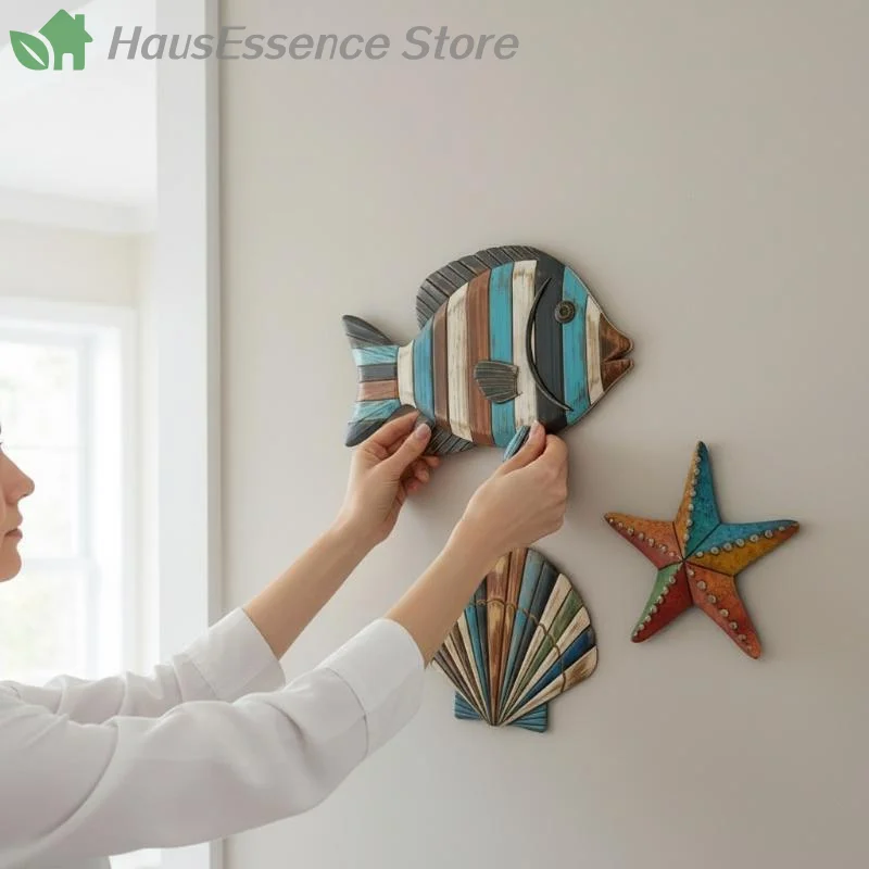 Lot de 3 décorations murales colorées en bois sur le thème de l'océan (poissons, coquillages, étoiles de mer) style rustique campagnard pour salon et chambre