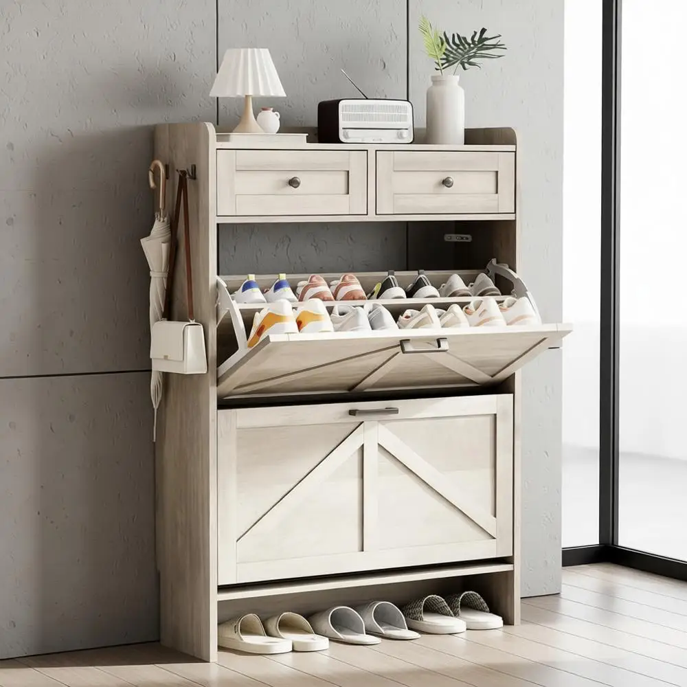 

Серый деревянный шкаф для обуви Slimline 43 с 2 дверцами для губ и 2 верхними ящиками для хранения в прихожей, прихожей или гостиной