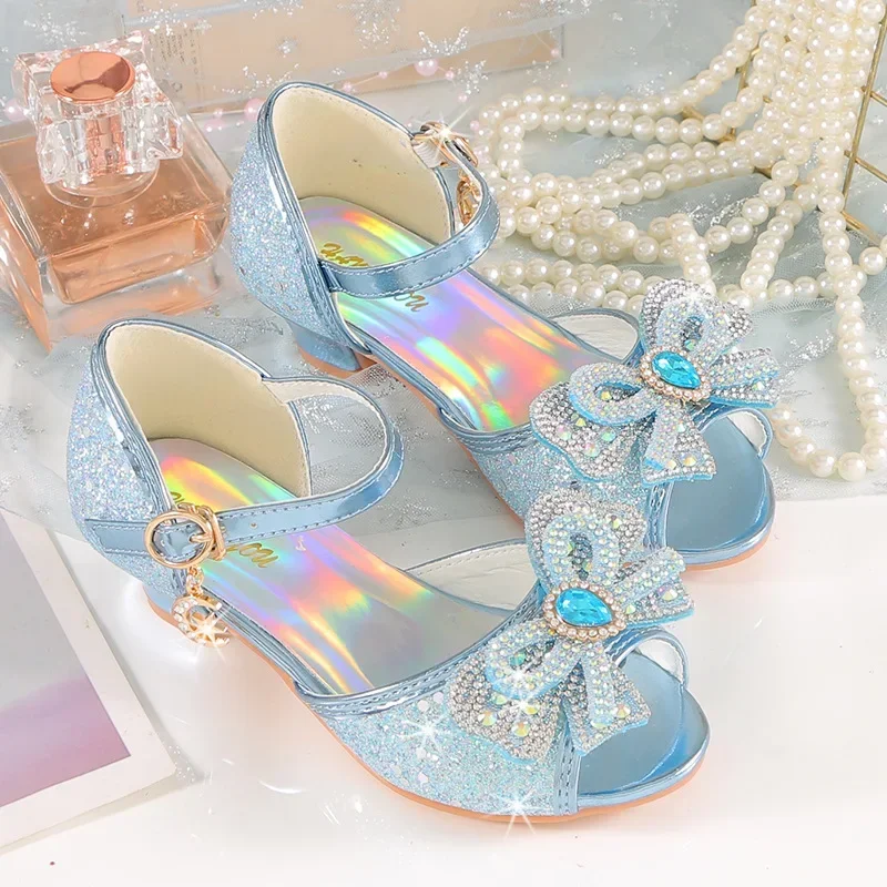 Summer Girls Sandals With Heel Fashion Rhinestone Shiny Glitter Shoes Children Princess Bowtie Pearl Dancing Shoes