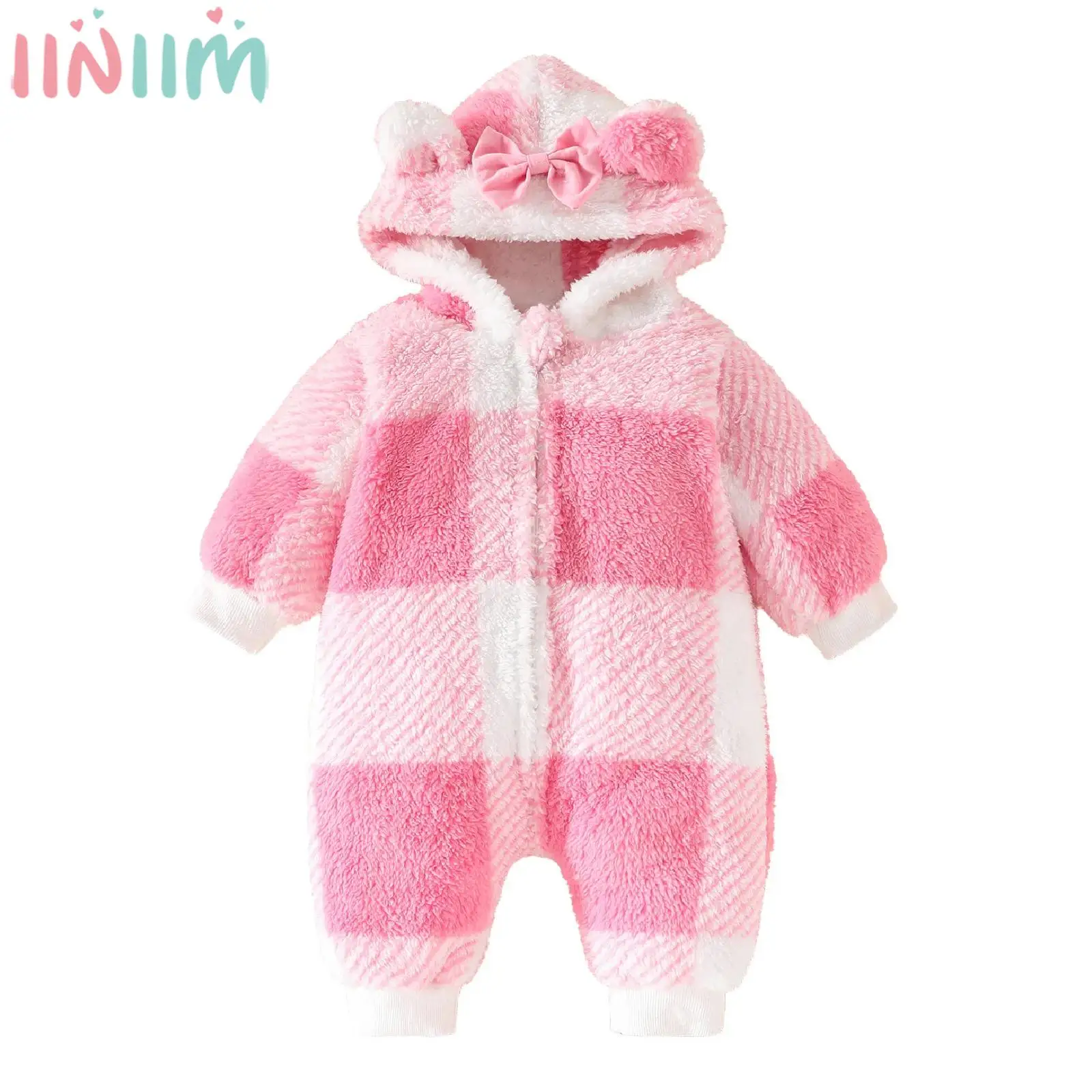 Baby Girls Winter Warm Furry Hooded Rompers Long Sleeve Cute Plaid Bow Plush Jumpsuit Outerwear for Daily Party Wear Homewear