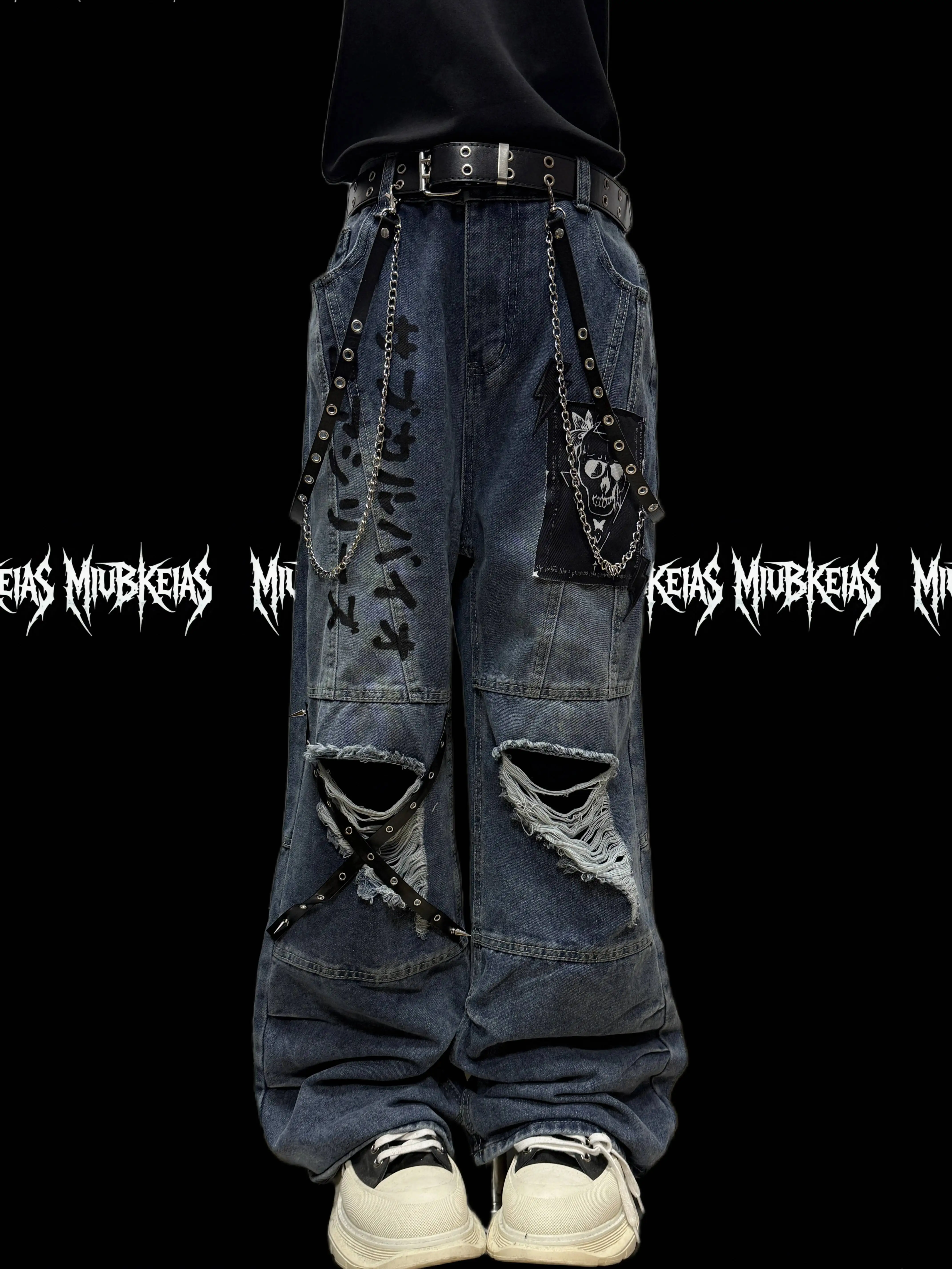 

Vintage Distressed Ripped Jeans Unisex Punk Wasteland Style Street Loose Pleated Wide Leg Pants Trendy