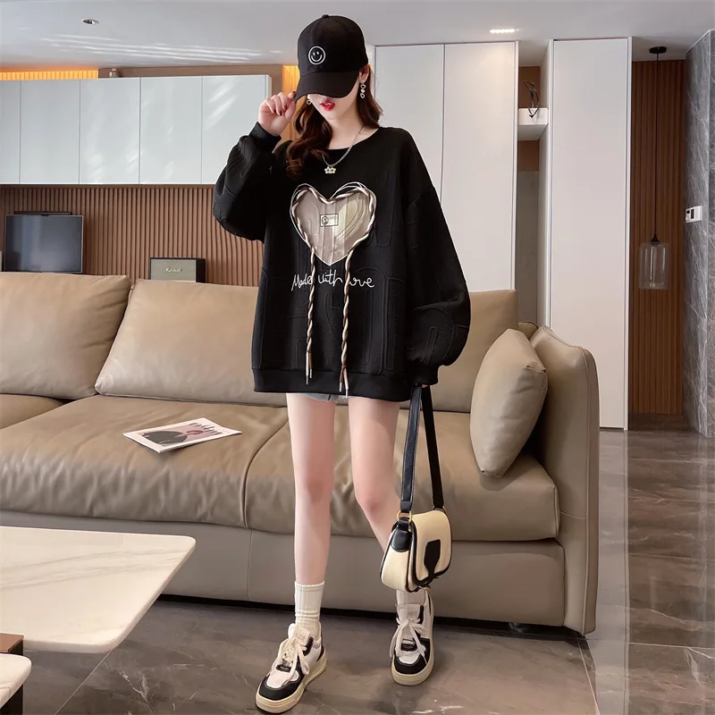 Amerikaans retro sweatshirt met ronde hals voor dames, top met geborduurde bloemenfleecevoering