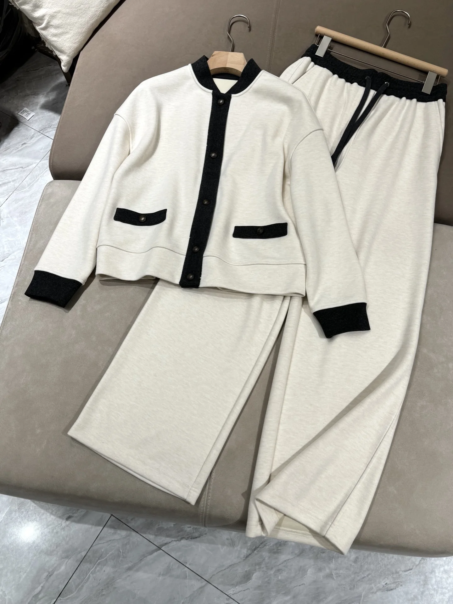 

Women's Colorblock Jacket Small Collar Coat with Drawstring Straight Pants Casual Fashion Two-piece Set