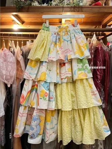 2024 Sweet Multilayer Ruffles Cake Skirts Women Vintage Harajuku Fashion Print Splicing Korean Elastic High Waist A-Line Skirt