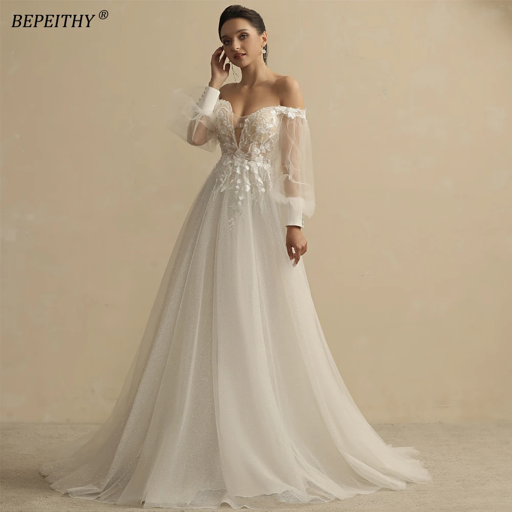 

BEPEITHY Boho Ivory Wedding Dresses For Women 2023 Bride Deep Neck Sexy Full Sleeves A Line Glitter Bridal Gowns Sweep Train New