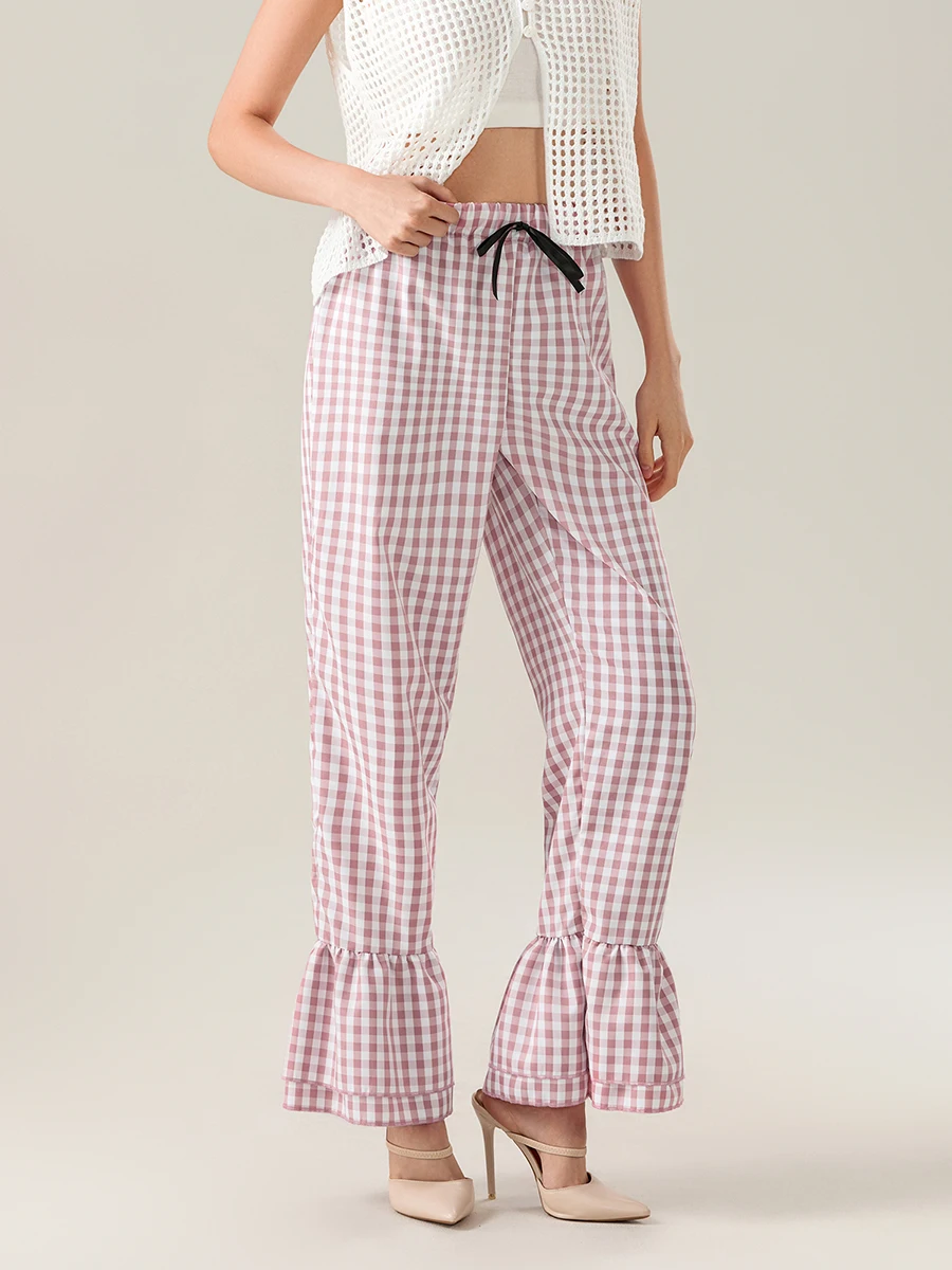 Women Plaid Flared Pants Tiered Ruffled Legs Bow Elastic Waistband Full Length Pull-On Trousers Casual Sweatpants Streetwear